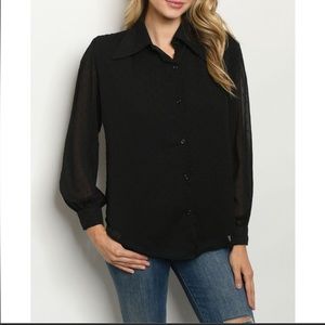 NWT - Love Encounter Black Dot Sheer Long Sleeves Large Collar Shirt Tail Blouse